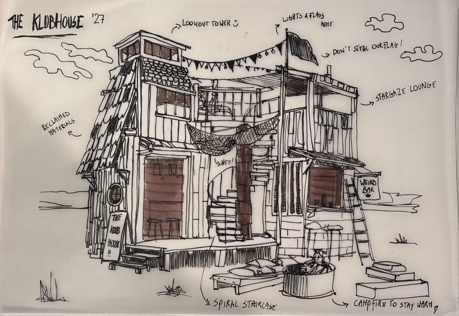 Pen and ink sketch of The Klubhouse '27: a two-storey timber building with a lookout tower, a flag and bunting, a net and a spiral staircase, a weird bar with a ladder, a stargaze lounge on the upper deck, and a campfire in front.